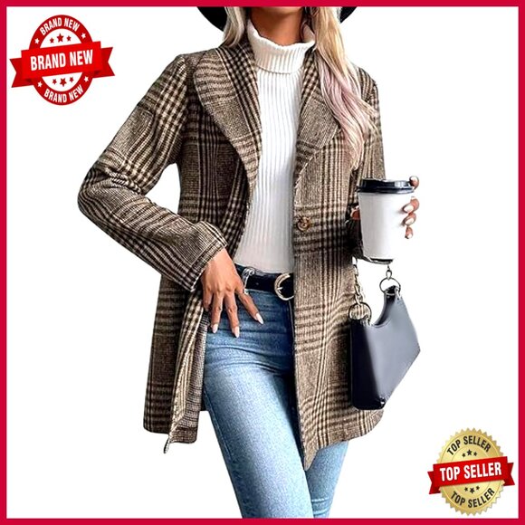 Vintage Plaid Wool Blend Blazer Coat Shawl Collar Trench Pea Coat